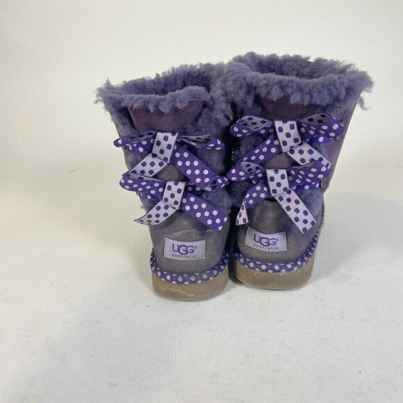 UGG Bailey Bow II Snow Boots Purple Size 4 Girls Purple Polka Suede Sheepskin - Picture 2 of 10